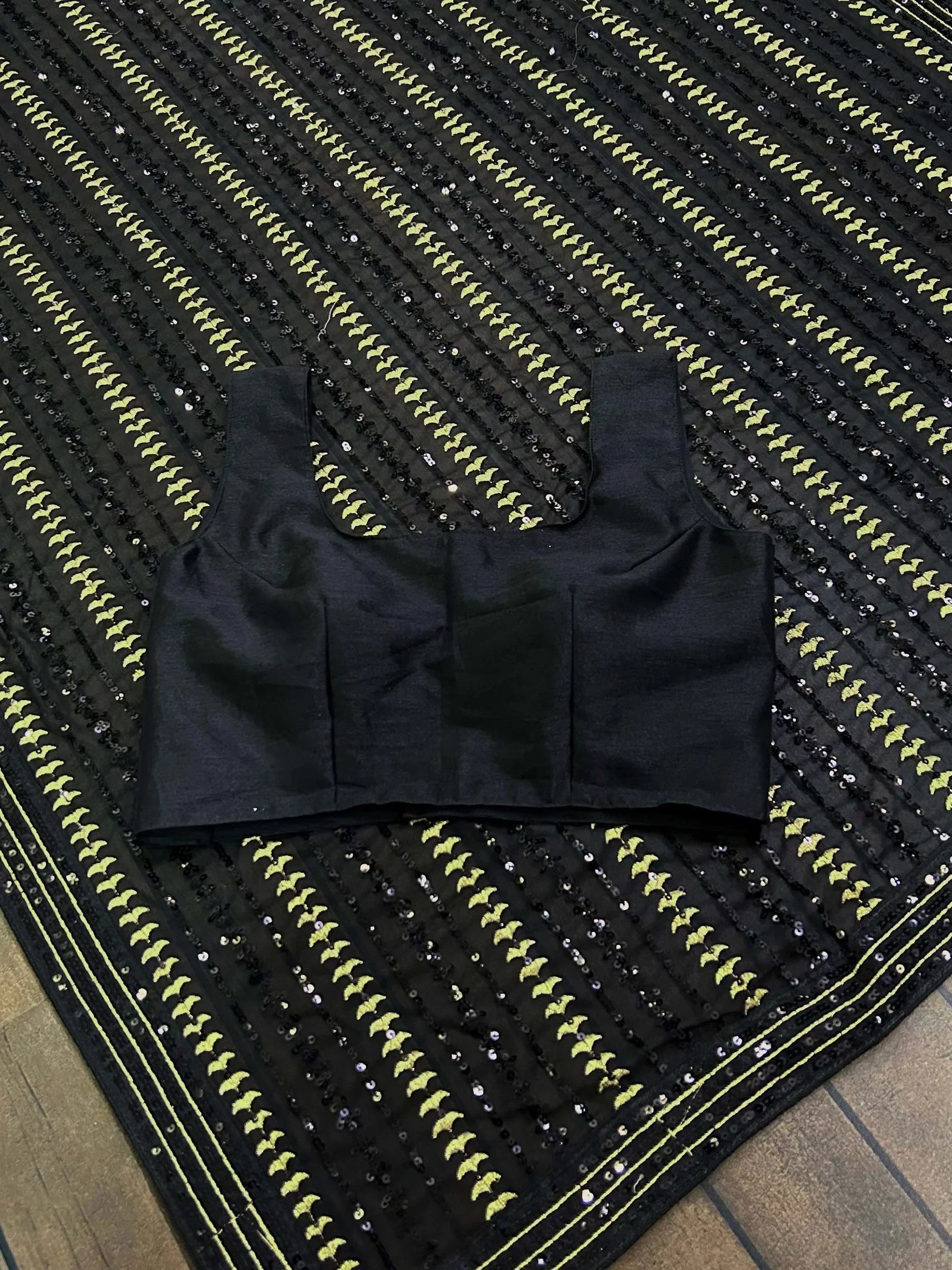 Enthralling Black Sequined Work Georgette Cocktail Party Saree With Blouse