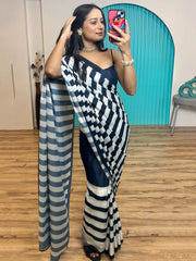 Captivating Blue And White Satin Party Wear Saree With Blouse