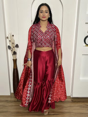 Beautiful Red Mirror Work Satin Sharara Crop-Top With Jacket