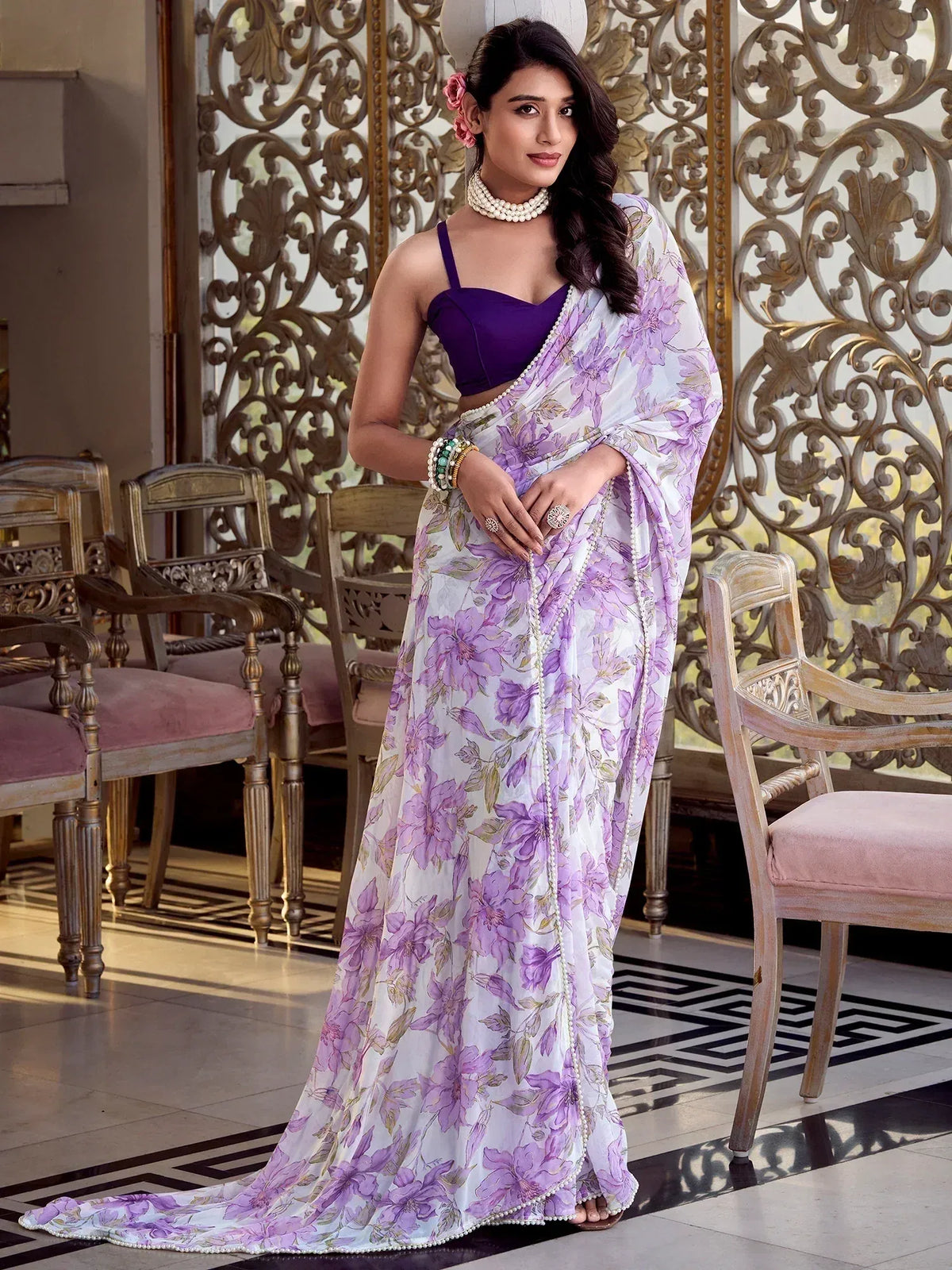 Purple floral print saree with pearl border, paired with purple blouse, perfect for Indian ethnic occasions