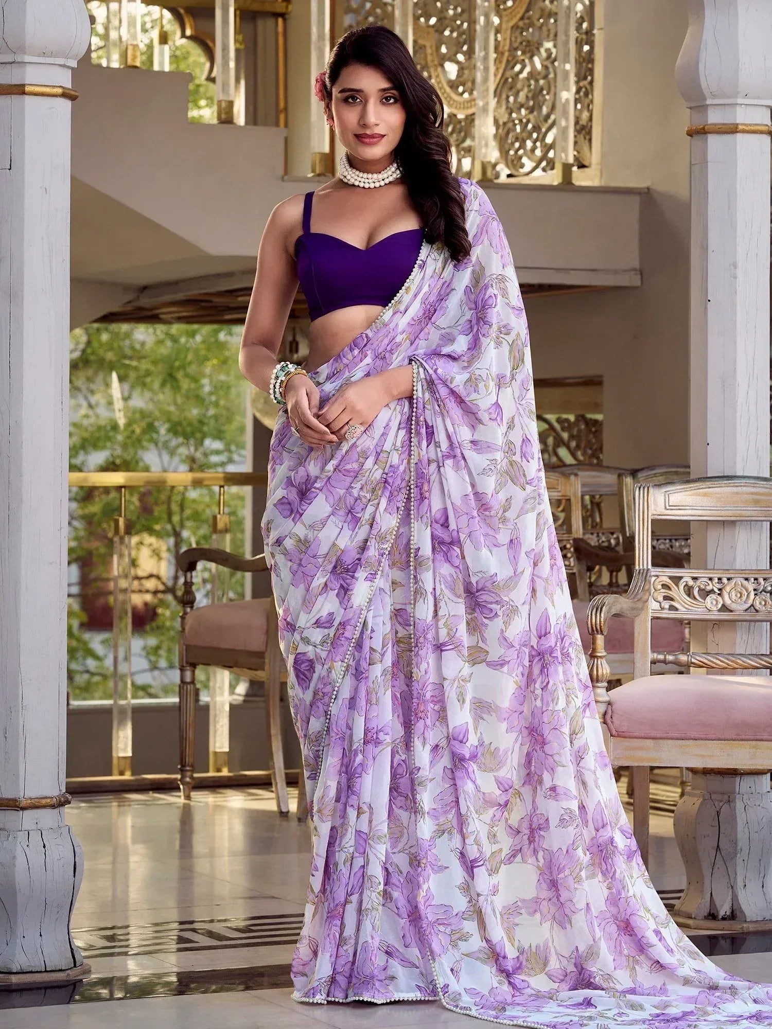 Purple floral print saree with matching blouse, elegant ethnic wear for women