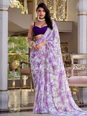 Feminine Lavender Floral Printed Chiffon Saree With Blouse - Ethnic Plus In