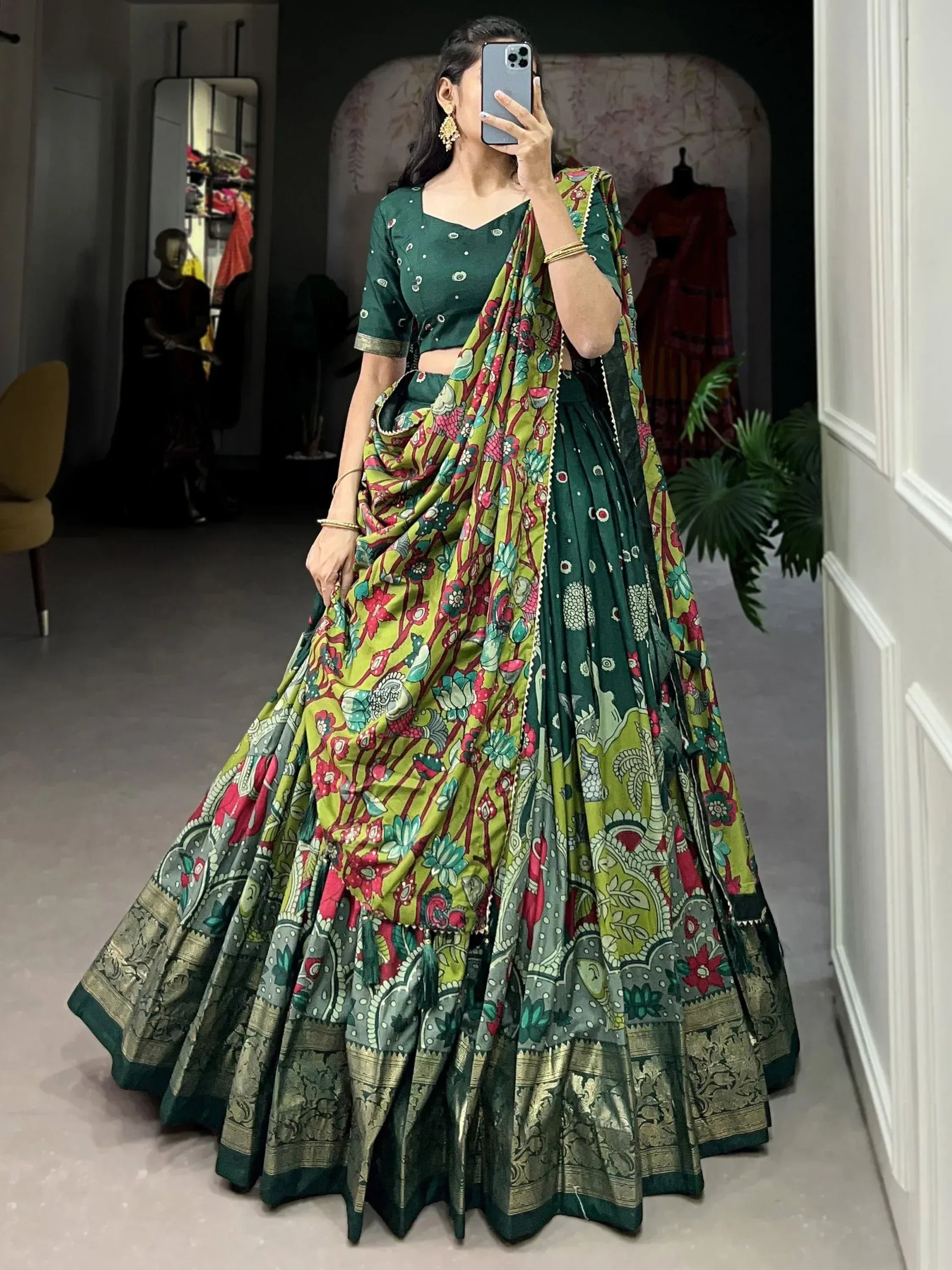 Green floral lehenga choli with printed dupatta, ethnic Indian wear for women