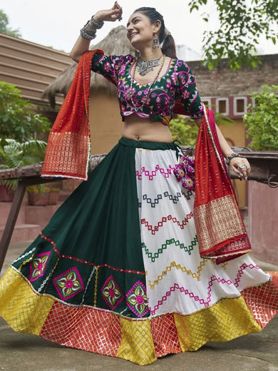 Fetching Multi Embroidered Rayon Navratri Lehenga Choli With Dupatta - Ethnic Plus In