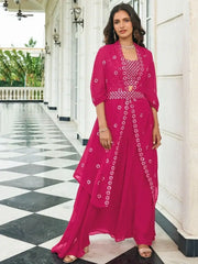 Engaging Fuscia Pink Embroidered Georgette Party Wear Lehenga Choli with Shrug