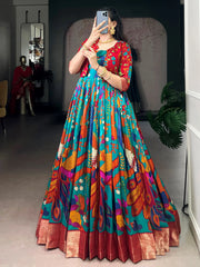 Fabulous Blue Kalamkari Printed Silk Festive Wear Gown With Koti