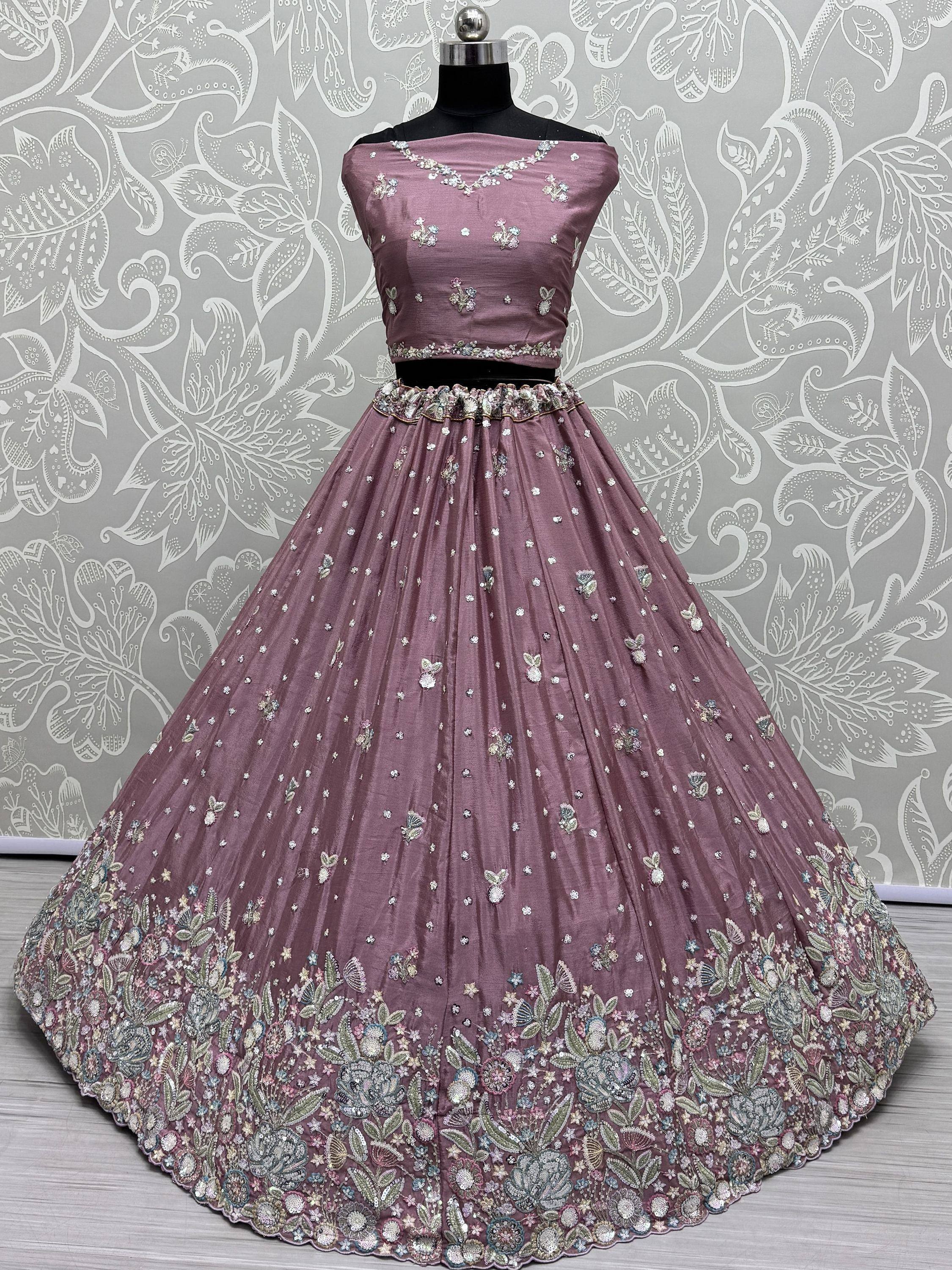Dusty rose designer lehenga choli with floral embroidery, perfect for Indian ethnic wear occasions
