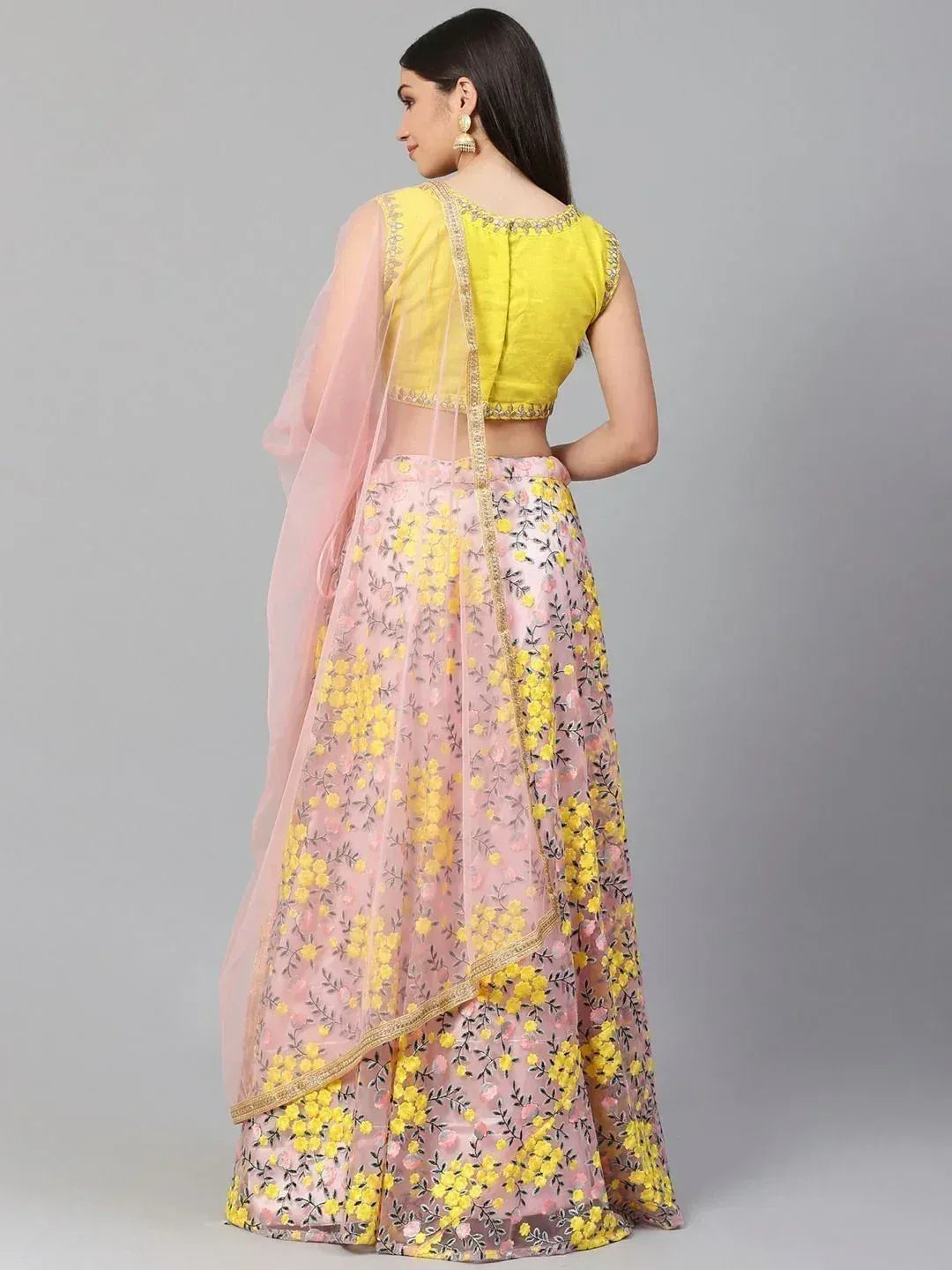 Yellow and pink floral lehenga choli with sheer dupatta, ethnic Indian wear for women