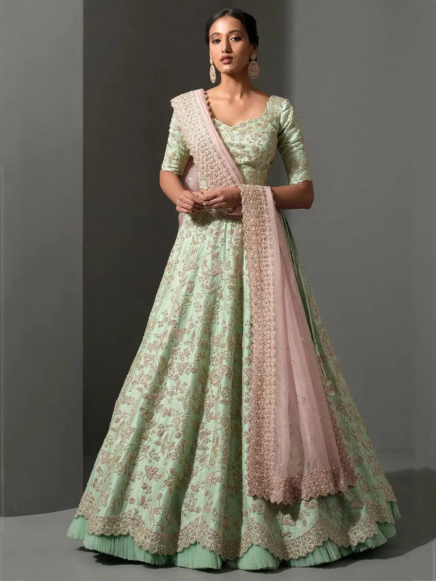 Charming Pista Green Thread Work Silk Wedding Wear Lehenga Choli