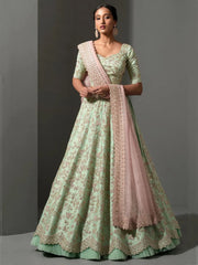Charming Pista Green Thread Work Silk Wedding Wear Lehenga Choli