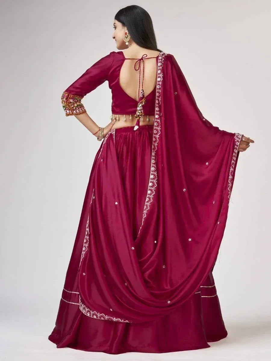 Maroon designer lehenga choli with back tie and embroidered dupatta, ethnic Indian wear