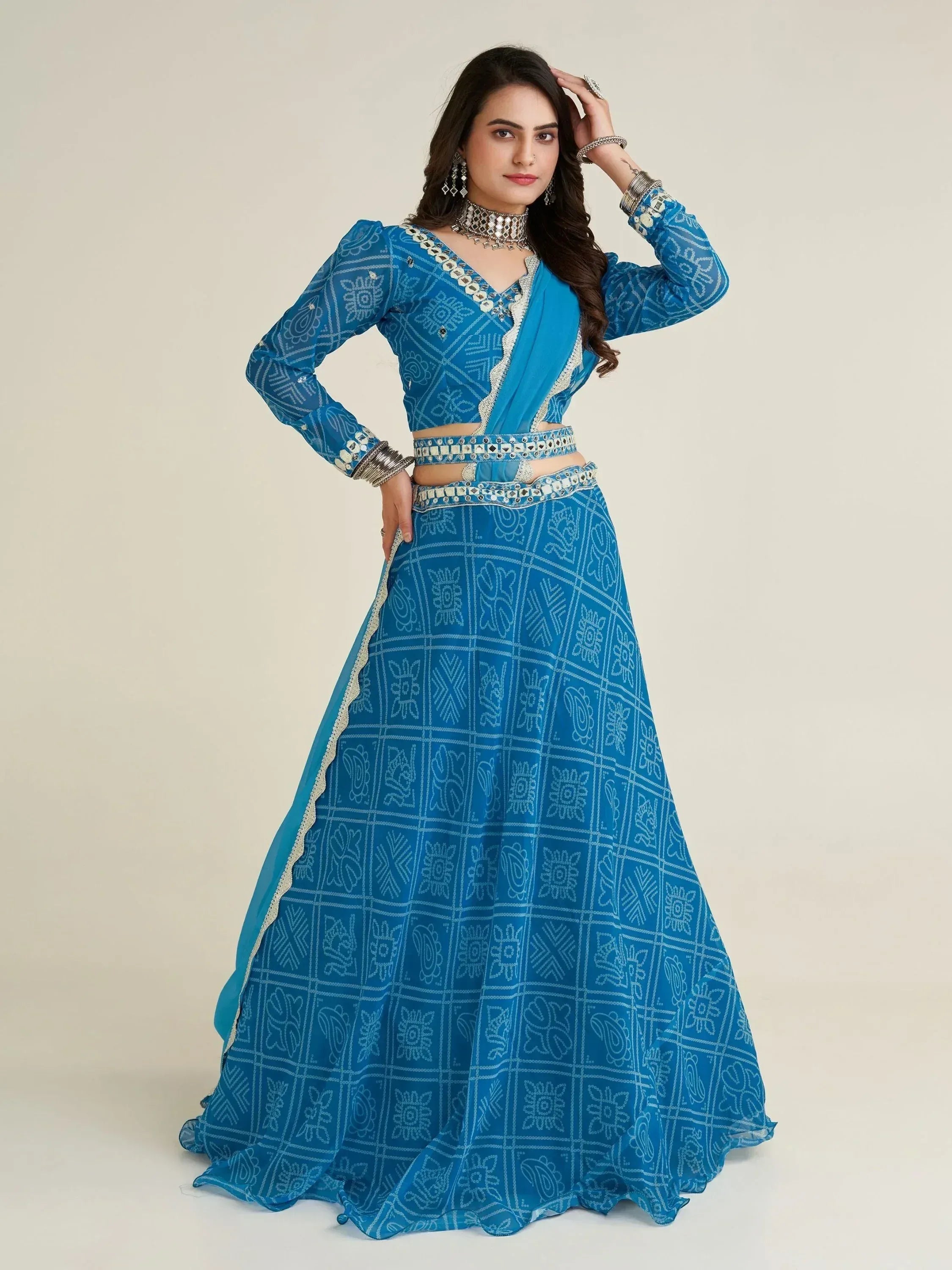 Blue printed lehenga choli with mirror work, ethnic Indian wear for women