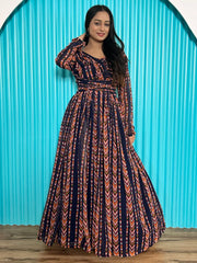 Alluring Navy-Blue & Orange Digital Printed Georgette Party Wear Gown