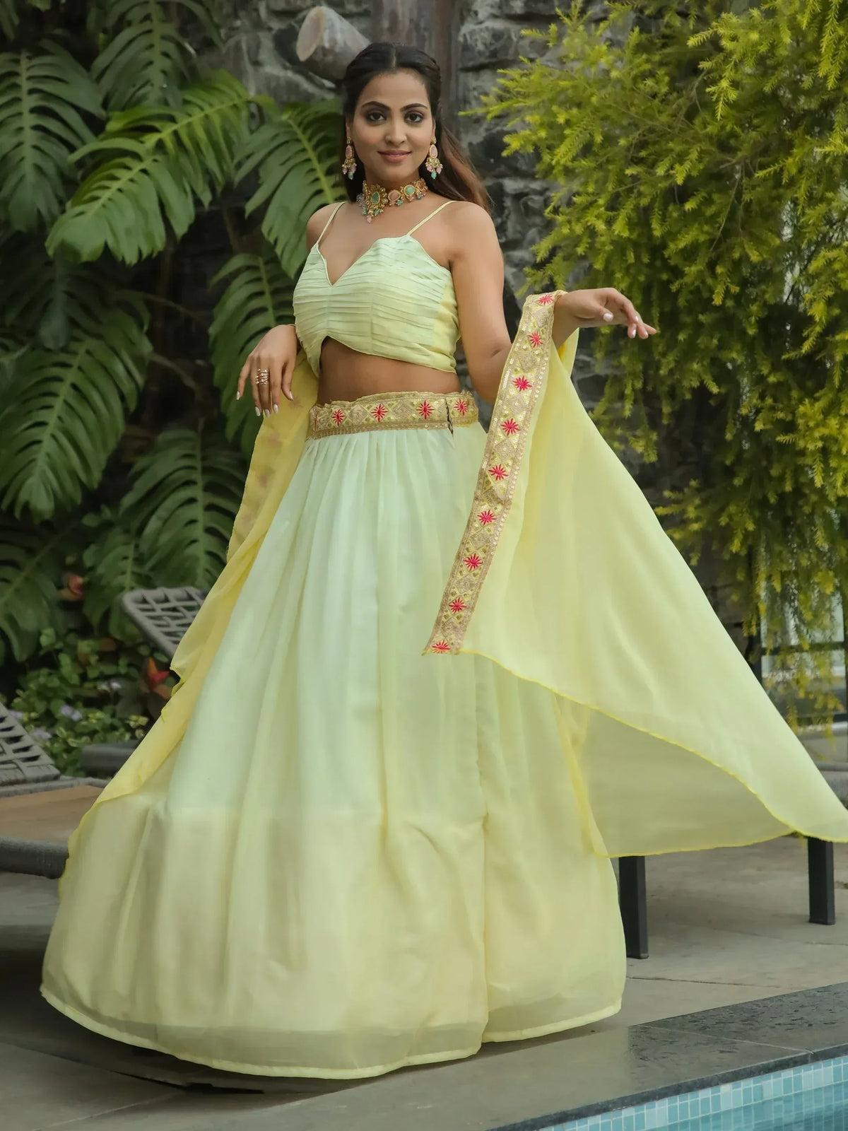 Light yellow lehenga choli with embroidered dupatta, perfect for Indian ethnic wear occasions