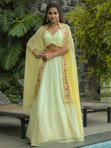 Lovely Yellow Sequins Georgette Event Wear Lehenga Choli With Koti