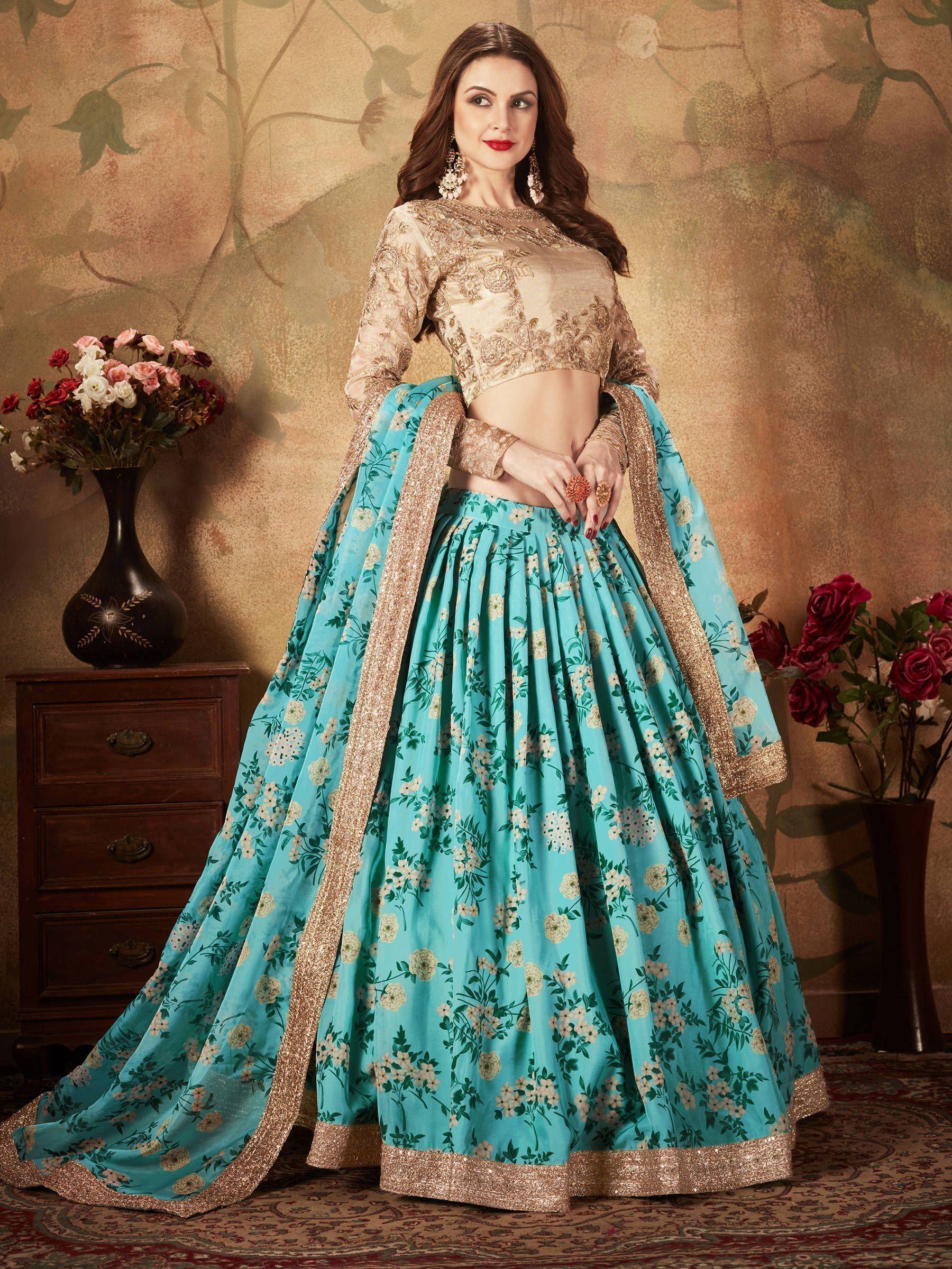 Sky Blue Floral Digital Printed Organza Wedding Wear Lehenga Choli