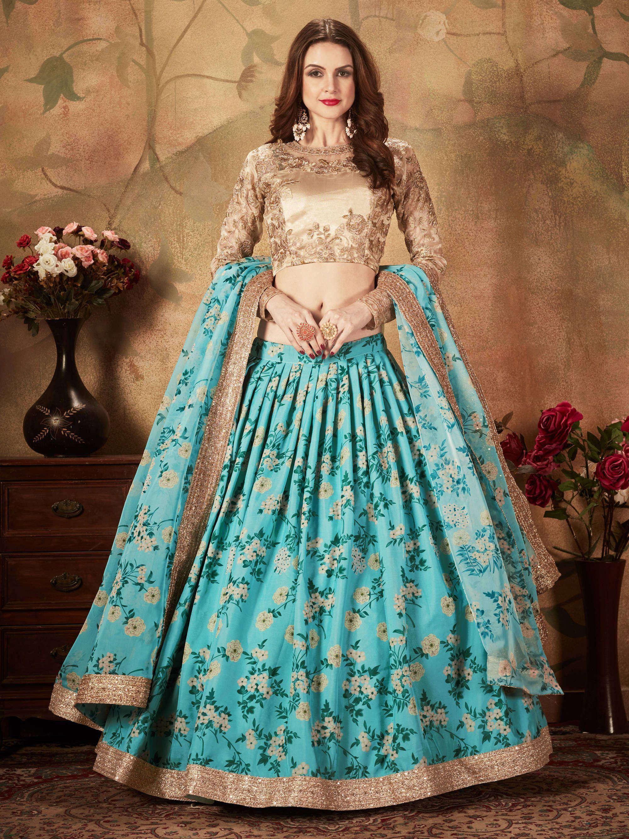 Sky Blue Floral Digital Printed Organza Wedding Wear Lehenga Choli