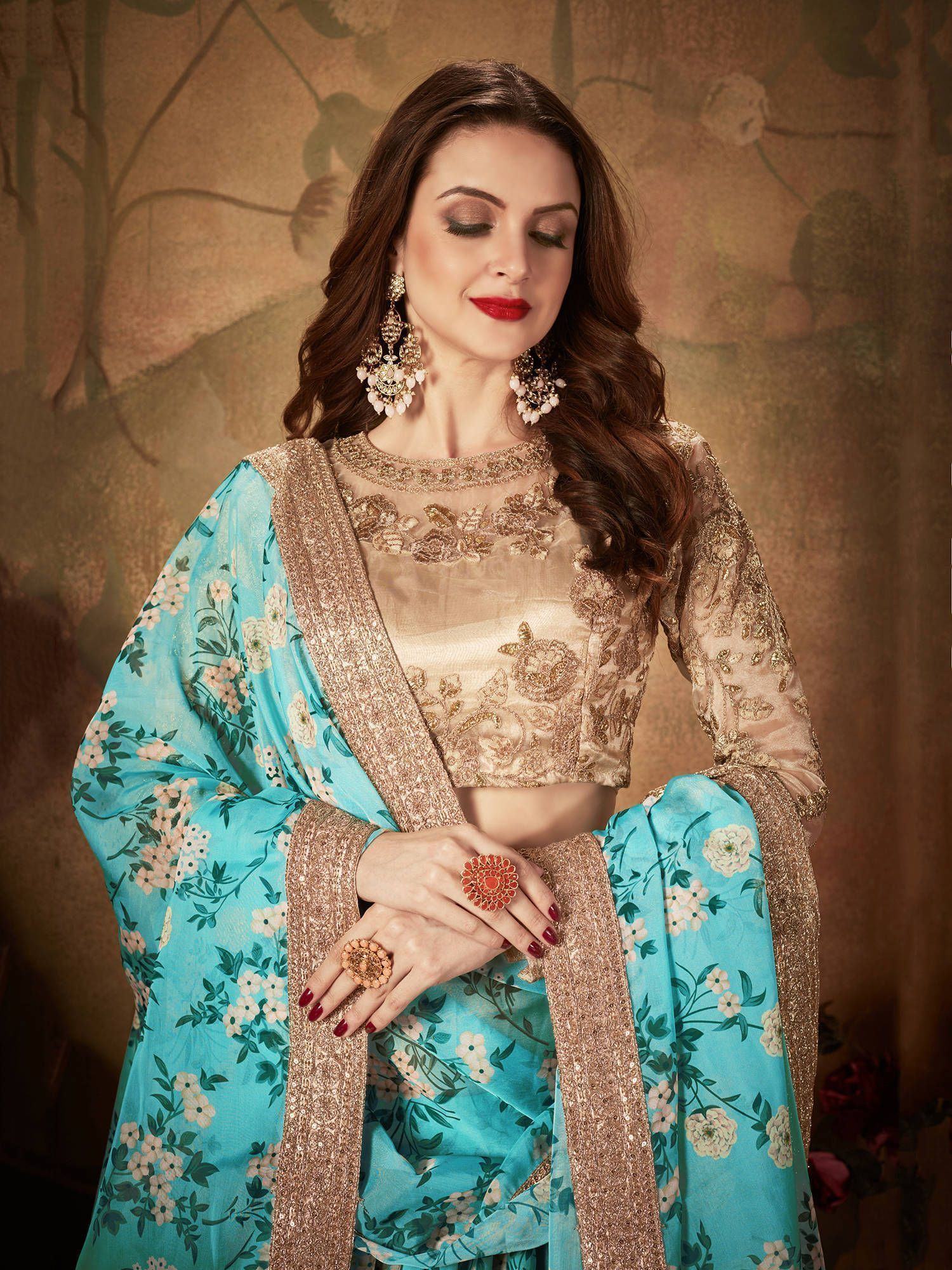 Sky Blue Floral Digital Printed Organza Wedding Wear Lehenga Choli