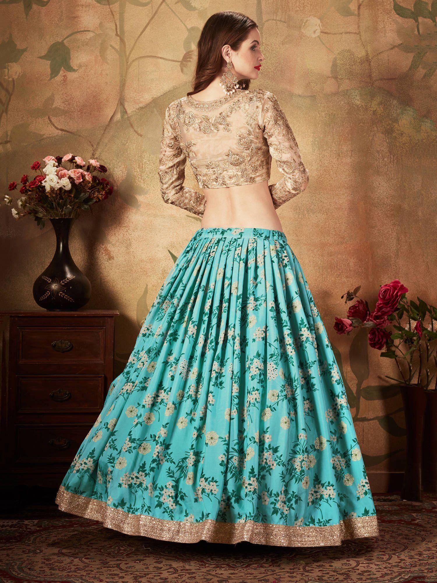 Sky Blue Floral Digital Printed Organza Wedding Wear Lehenga Choli