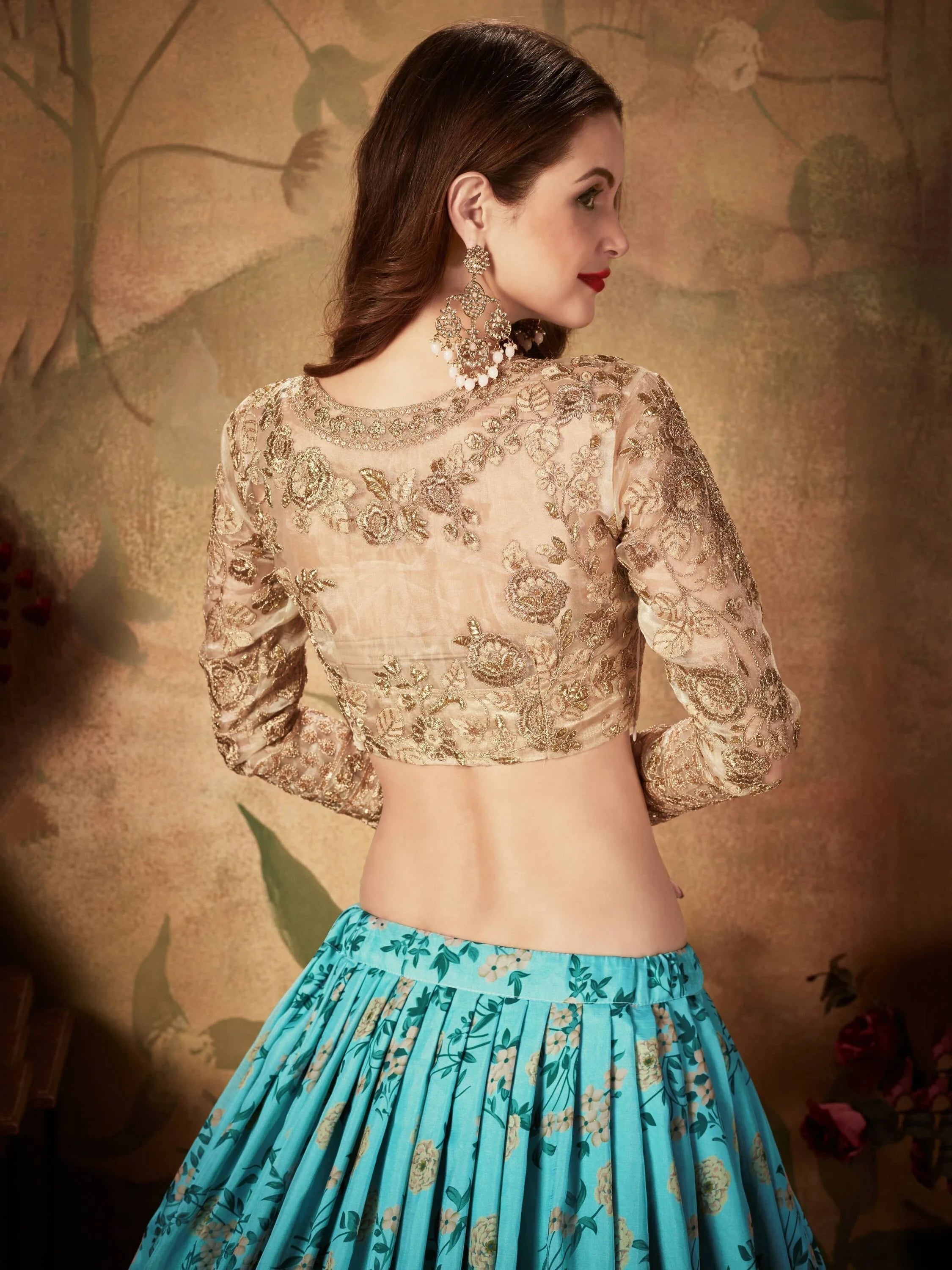 Sky Blue Floral Digital Printed Organza Wedding Wear Lehenga Choli