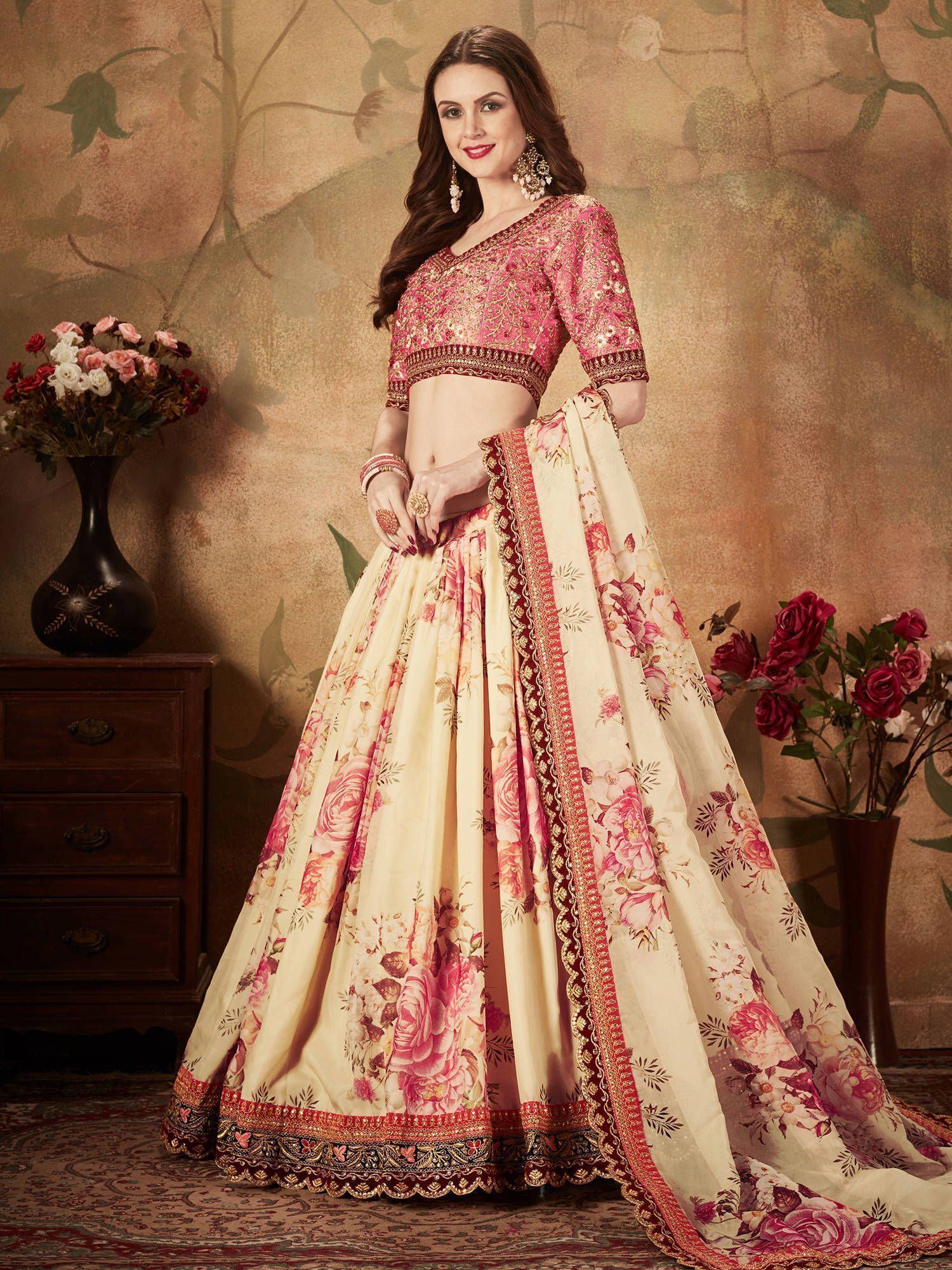 Off White Floral Digital Printed Organza Bridal Lehenga Choli