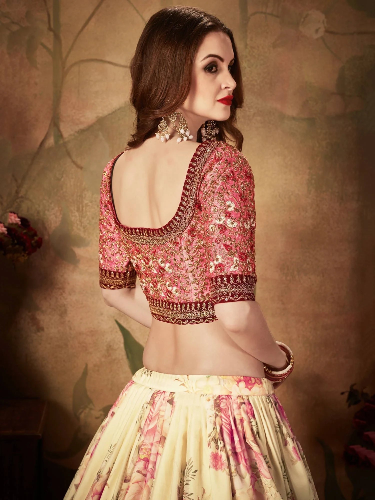 Off White Floral Digital Printed Organza Bridal Lehenga Choli