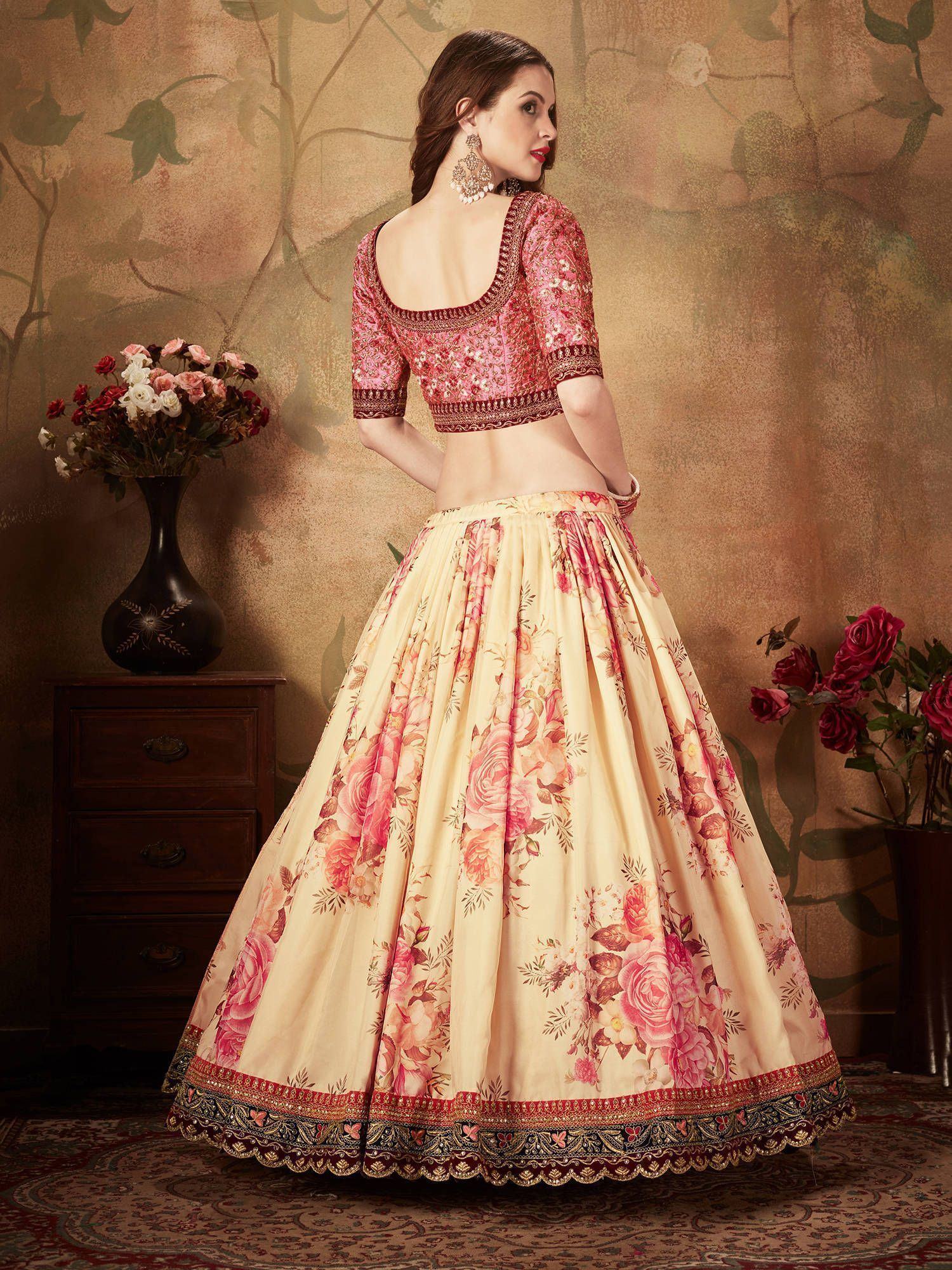 Off White Floral Digital Printed Organza Bridal Lehenga Choli