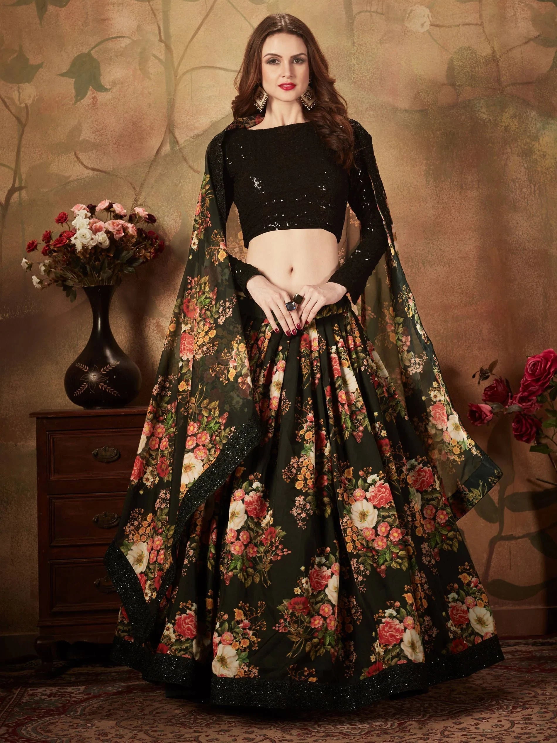 Black Floral Digital Printed Organza Party Wear Lehenga Choli