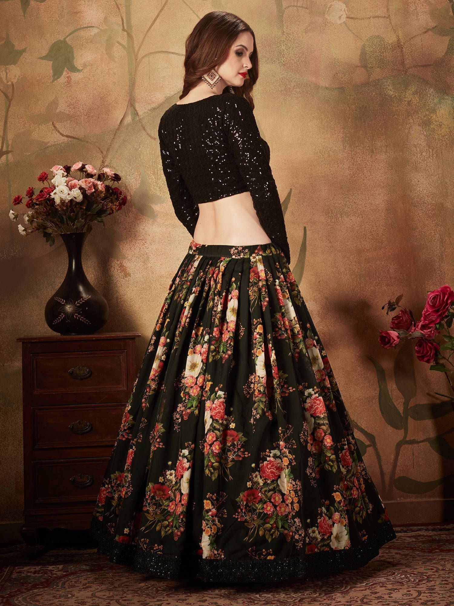 Black Floral Digital Printed Organza Party Wear Lehenga Choli