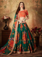 Green Floral Digital Printed Organza Bridal Lehenga Choli