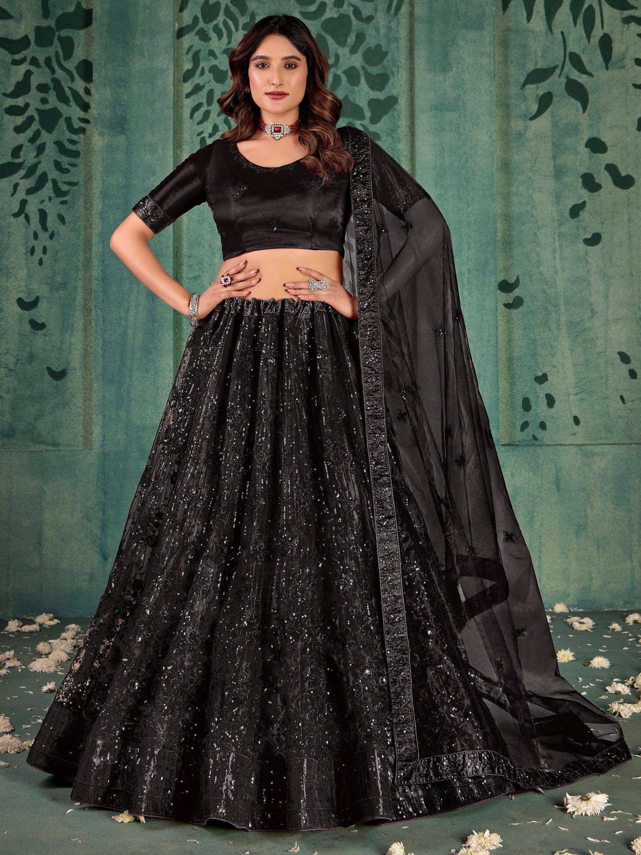 Black sequin lehenga choli with sheer dupatta, Indian ethnic wear for women