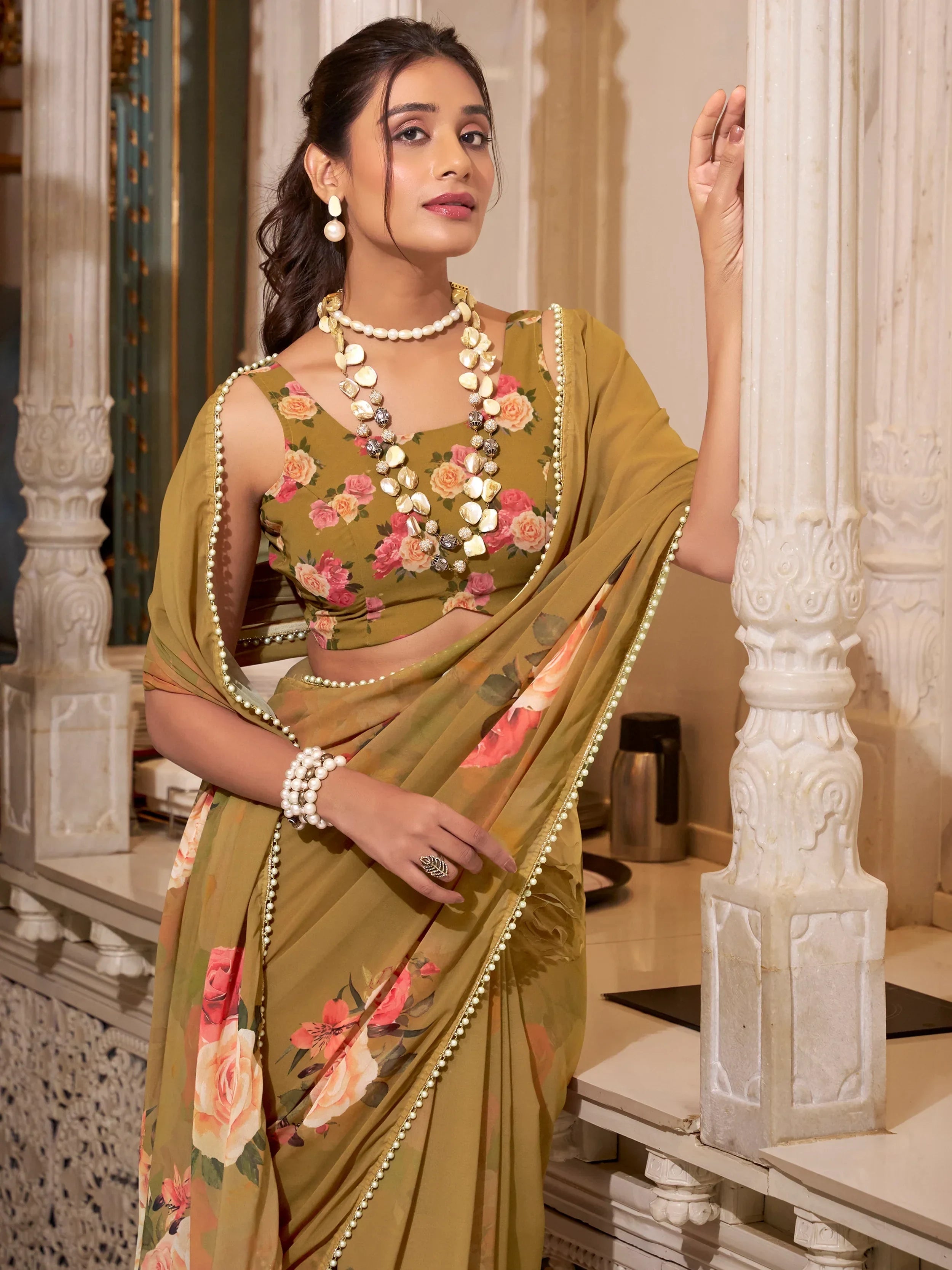 Glamorous Brown Georgette Saree With Blouse - Ethnic Plus In
