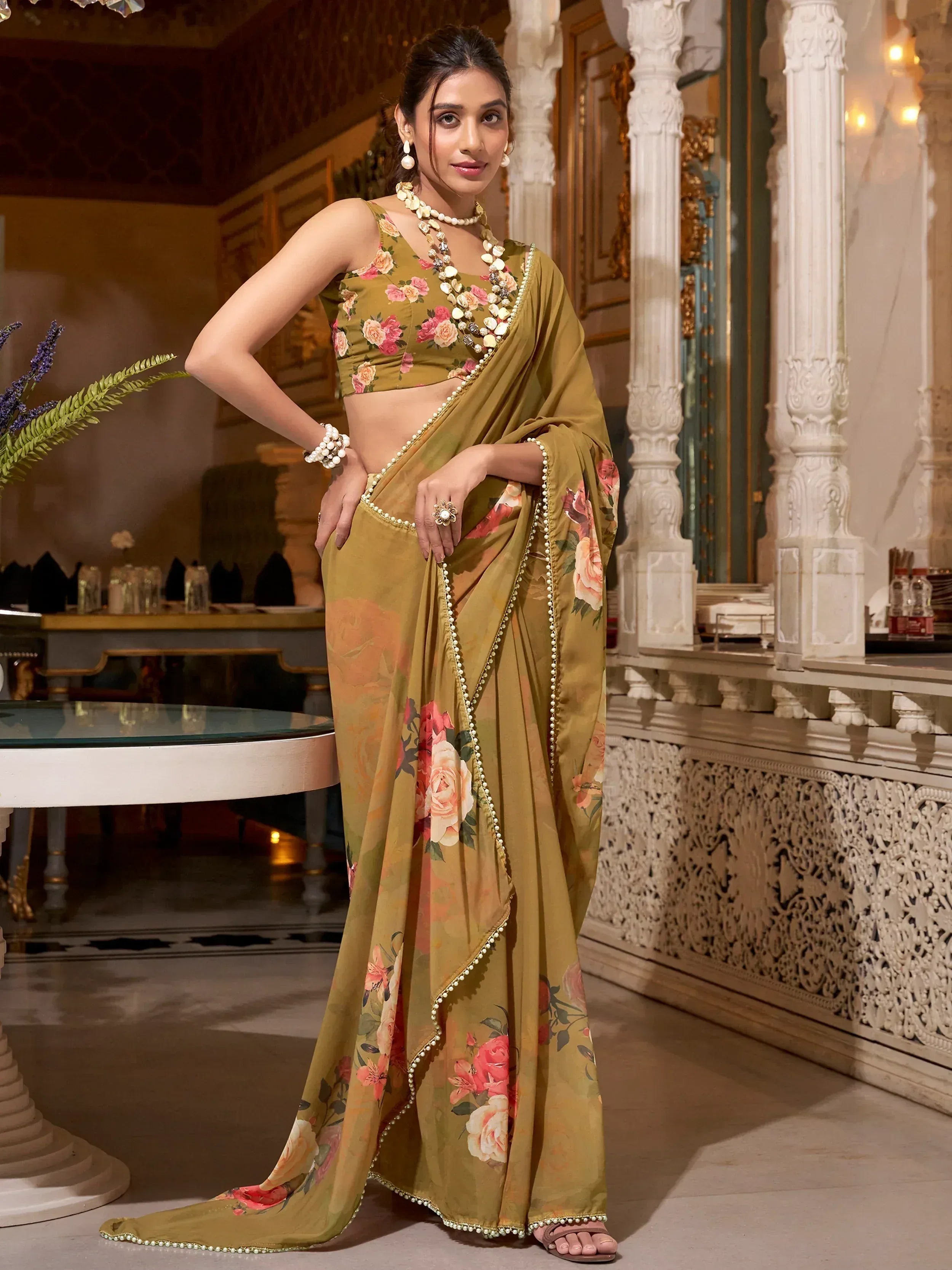 Olive floral saree with pearl border, designer blouse, ethnic Indian wear for women