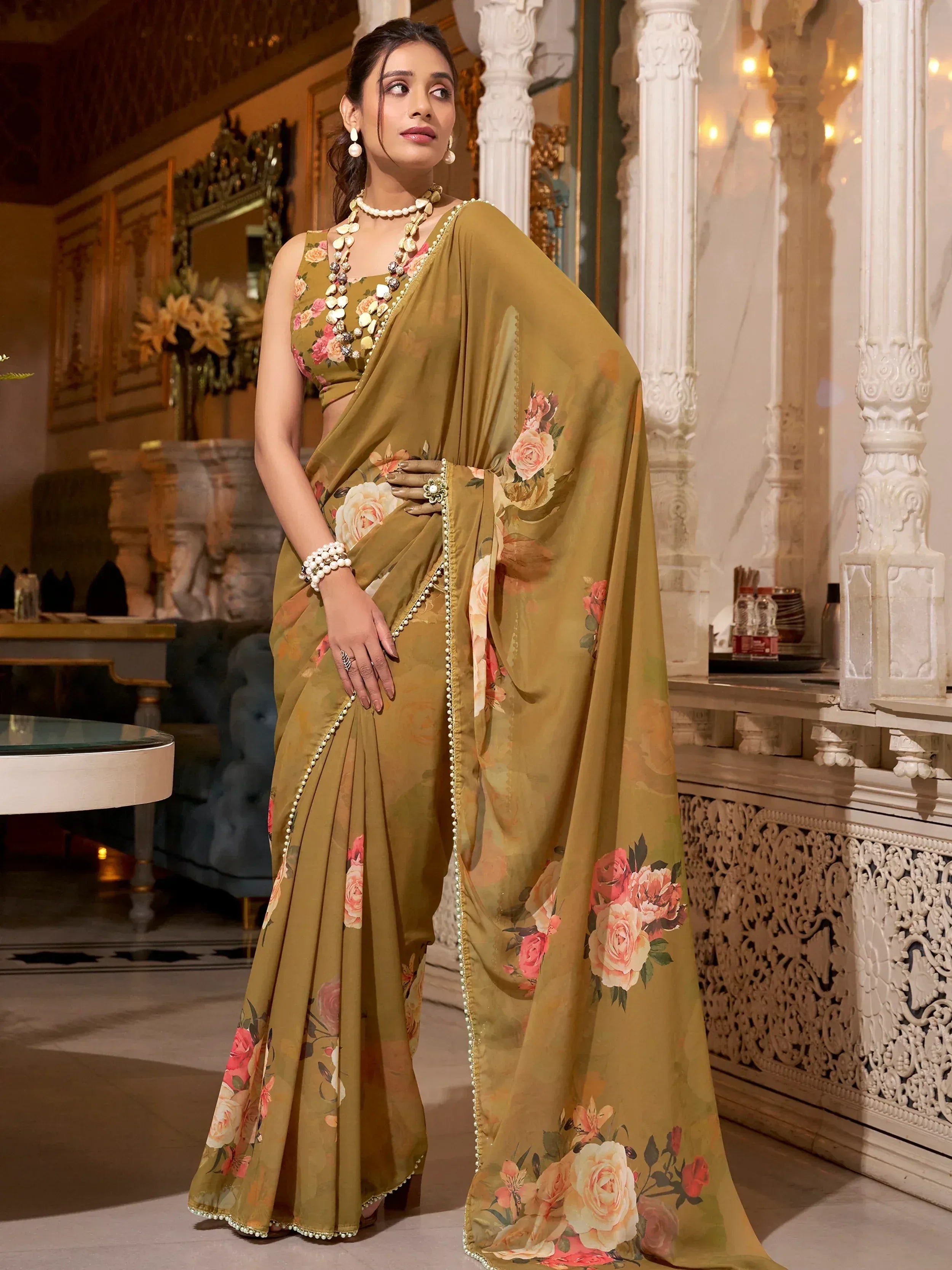Mustard floral saree with pearl border, Indian ethnic wear for women, designer saree with blouse