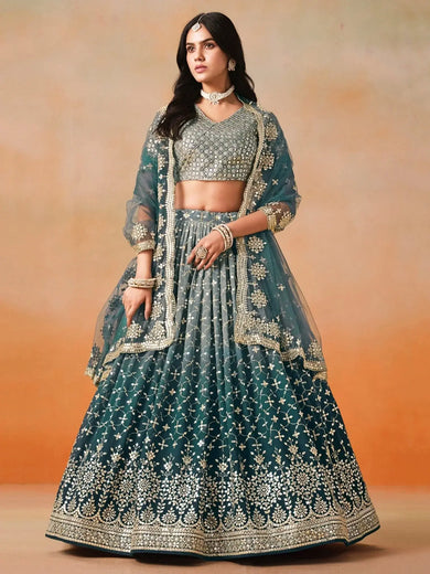 Glamorous Dove Blue Sequins Embroidered Georgette Lehenga Choli - Ethnic Plus In