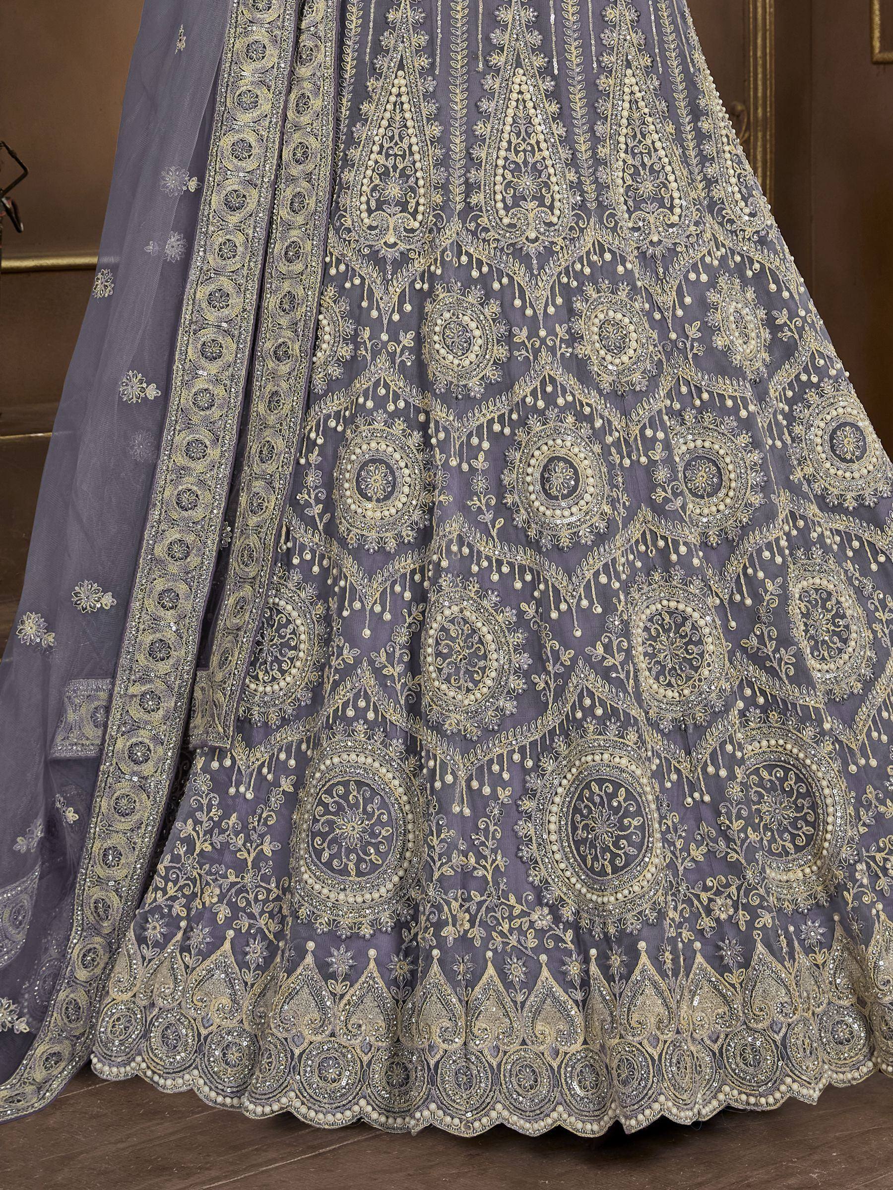 Grey designer lehenga with gold embroidery and pearl detailing, ethnic Indian wear
