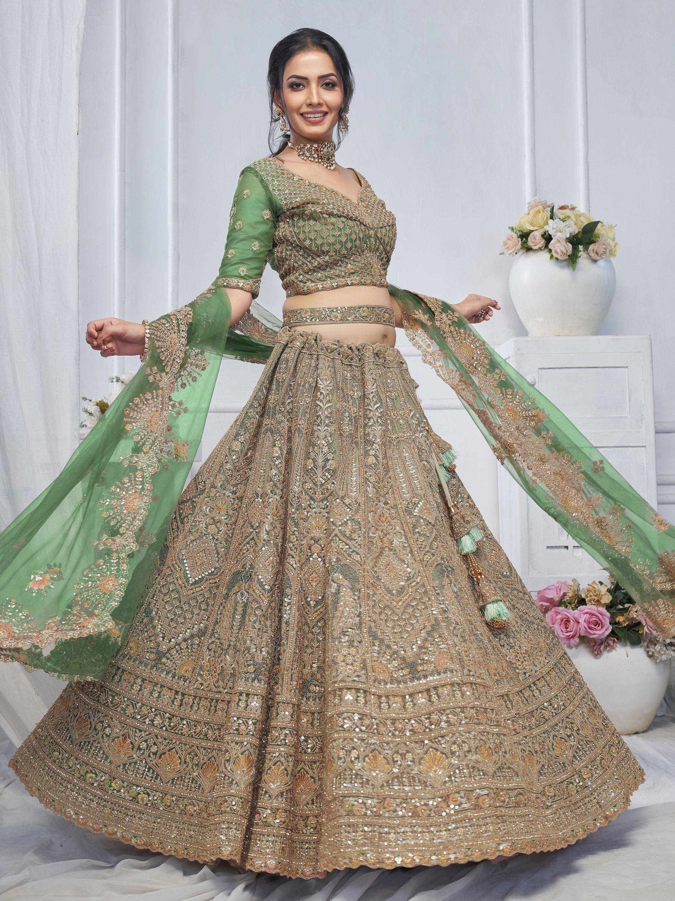 Green and gold embroidered lehenga choli with dupatta, Indian ethnic wear for weddings