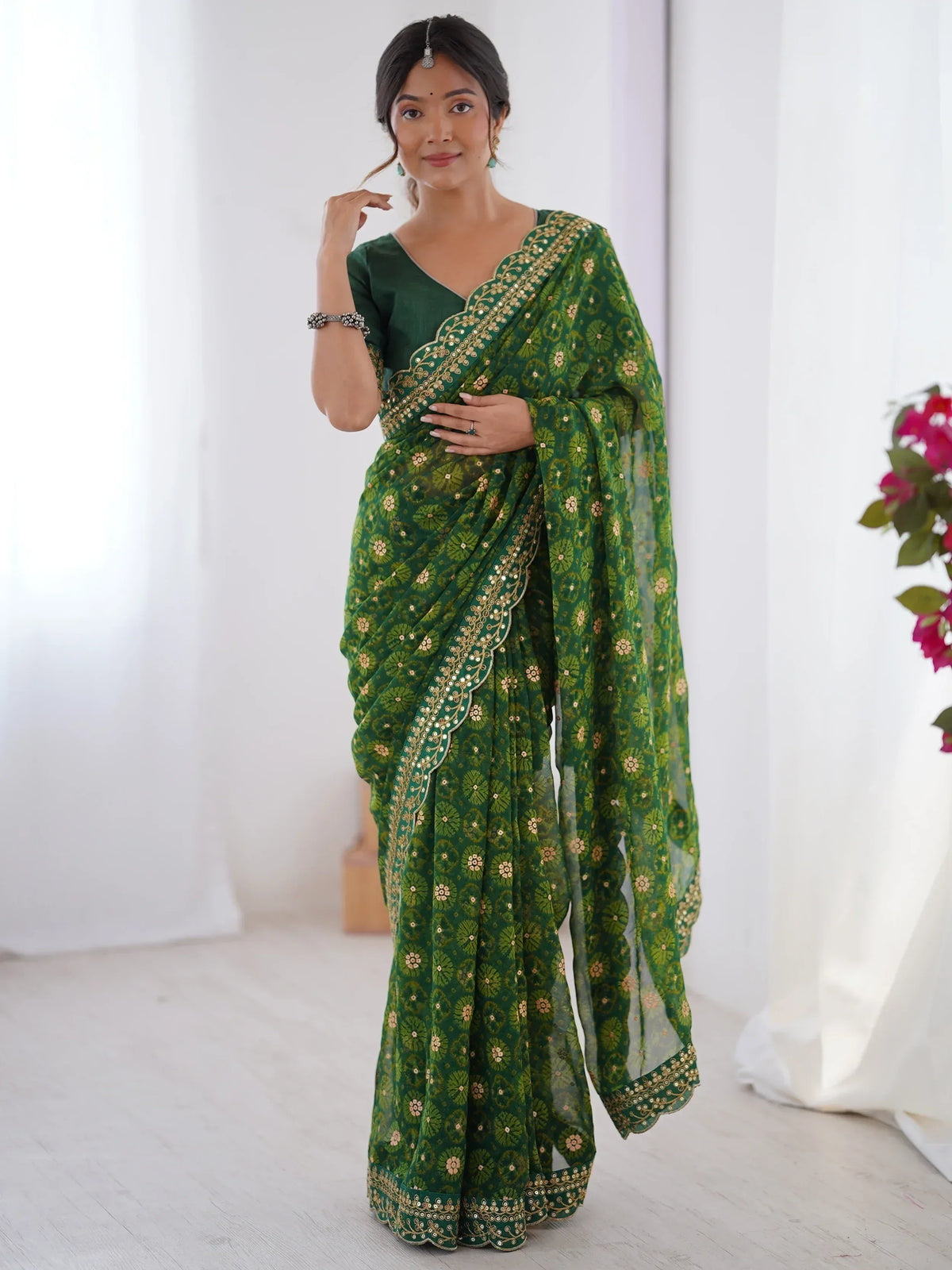 Green floral print saree with gold embroidery, Indian ethnic wear for women