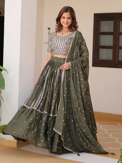 Glamorous Green Sequins Georgette Mehendi Wear Lehenga Choli - Ethnic Plus In