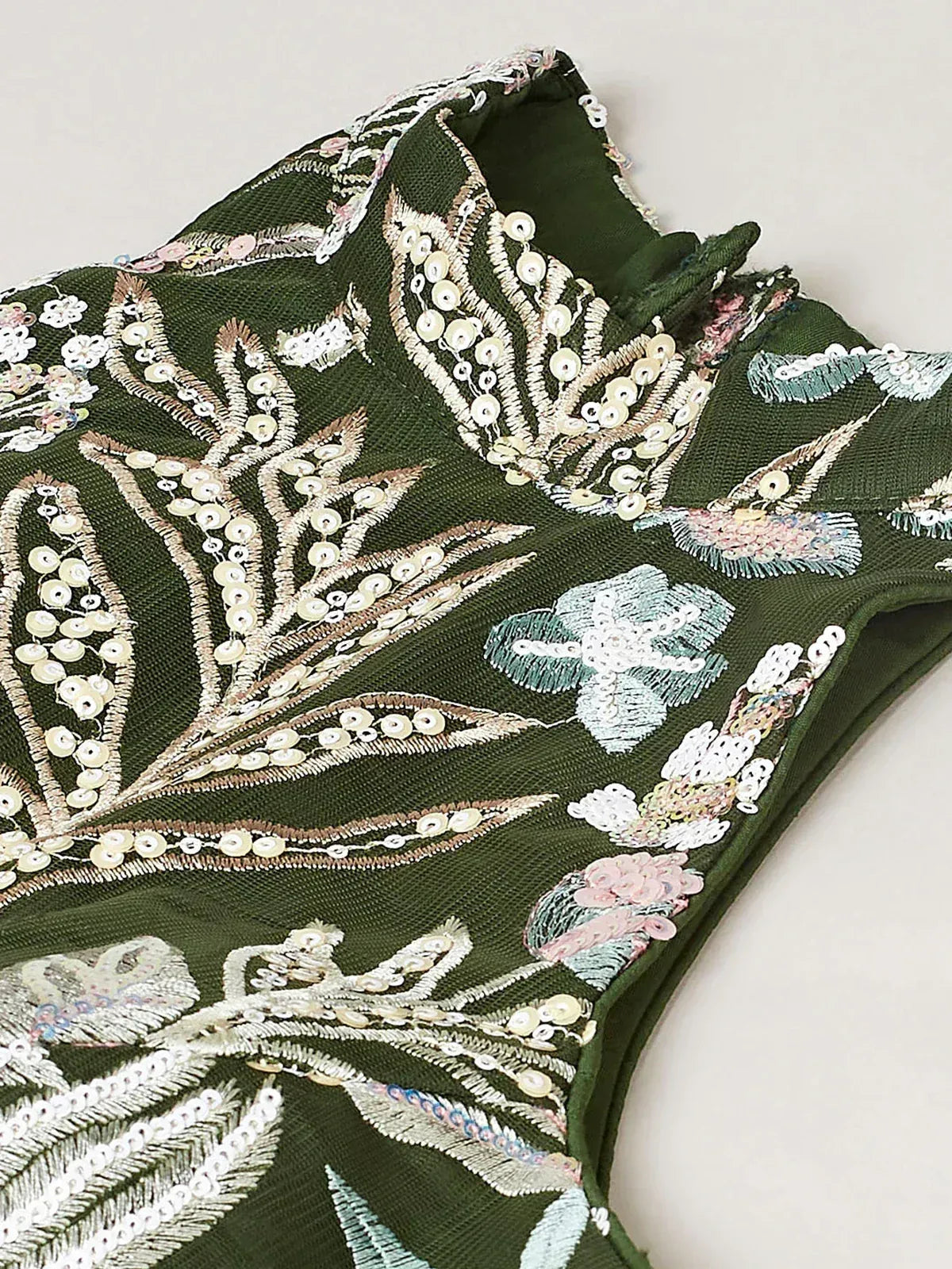 Green ethnic gown with floral sequin embroidery and pearl detailing