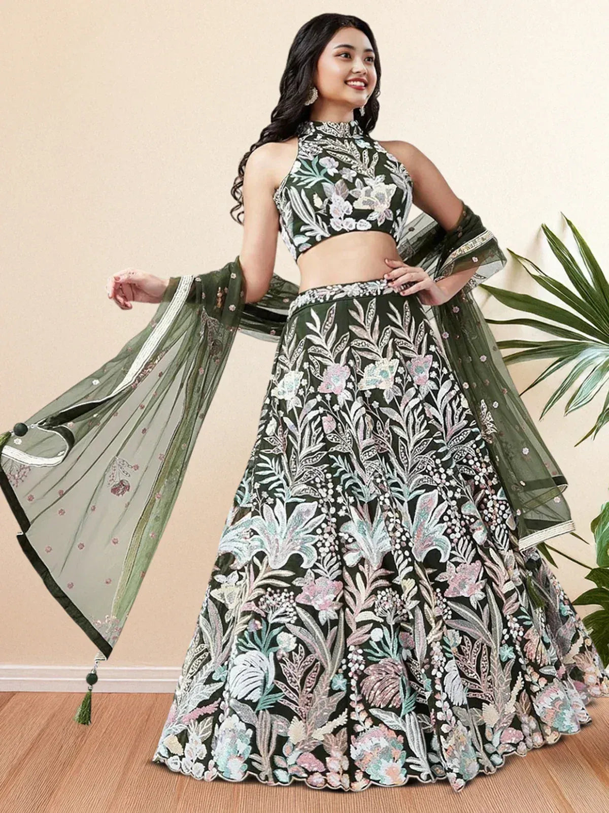 Green floral embroidered lehenga choli with matching dupatta, perfect for Indian ethnic wear occasions