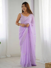 Glamorous Lavender Sequins Georgette Party Wear Saree With Blouse - Ethnic Plus In