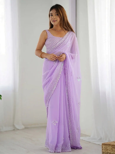 Glamorous Lavender Sequins Georgette Party Wear Saree With Blouse - Ethnic Plus In