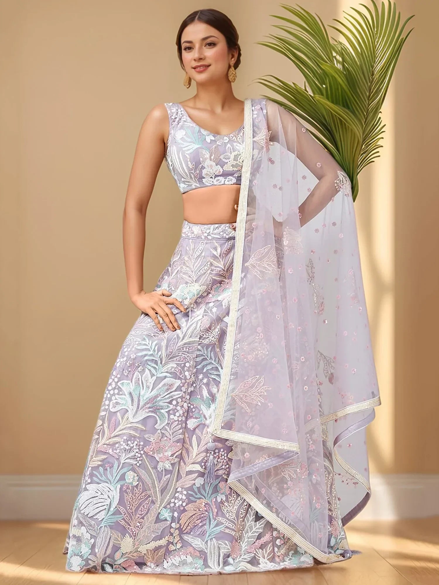 Elegant lavender lehenga choli with floral embroidery and sheer dupatta for Indian ethnic wear