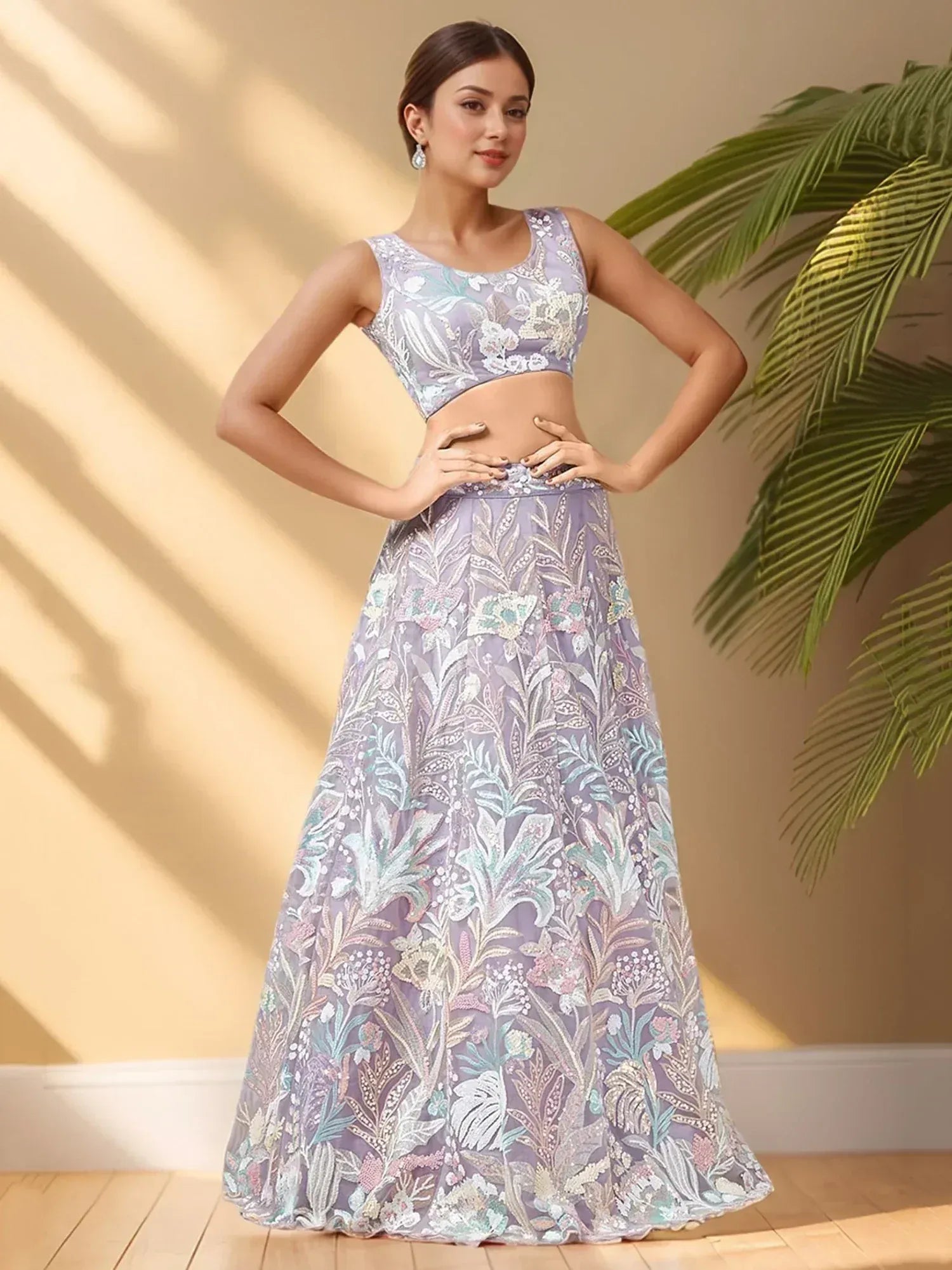 Lavender floral embroidered lehenga choli with sleeveless crop top, perfect for Indian ethnic occasions