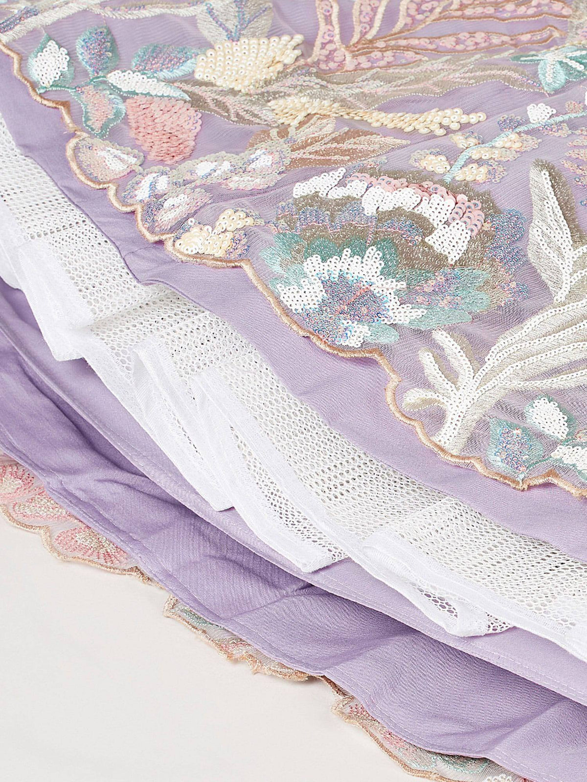 Lavender ethnic gown with floral embroidery and lace detailing