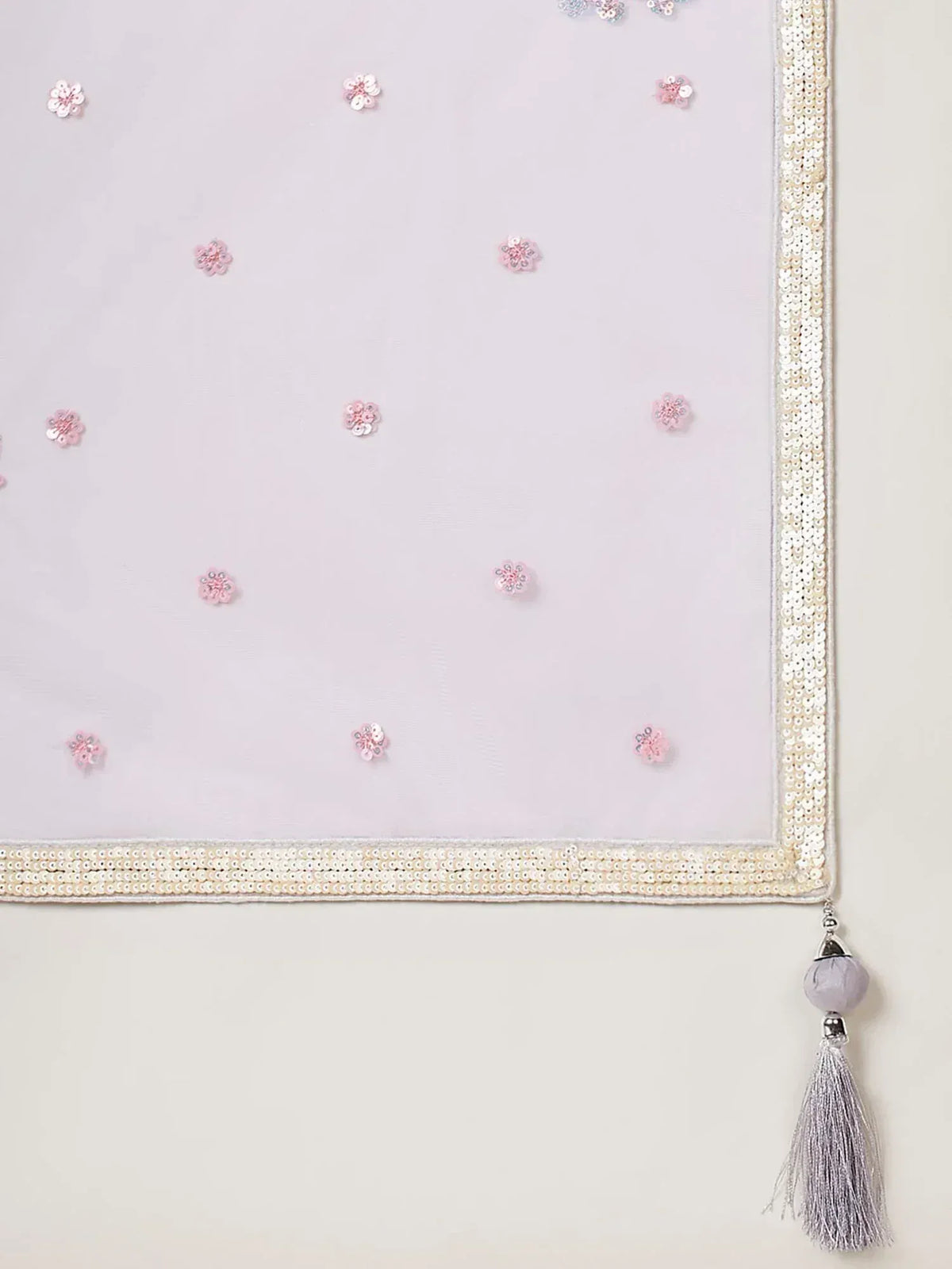 Elegant lavender dupatta with floral sequins, golden border, and tassel detail for ethnic wear