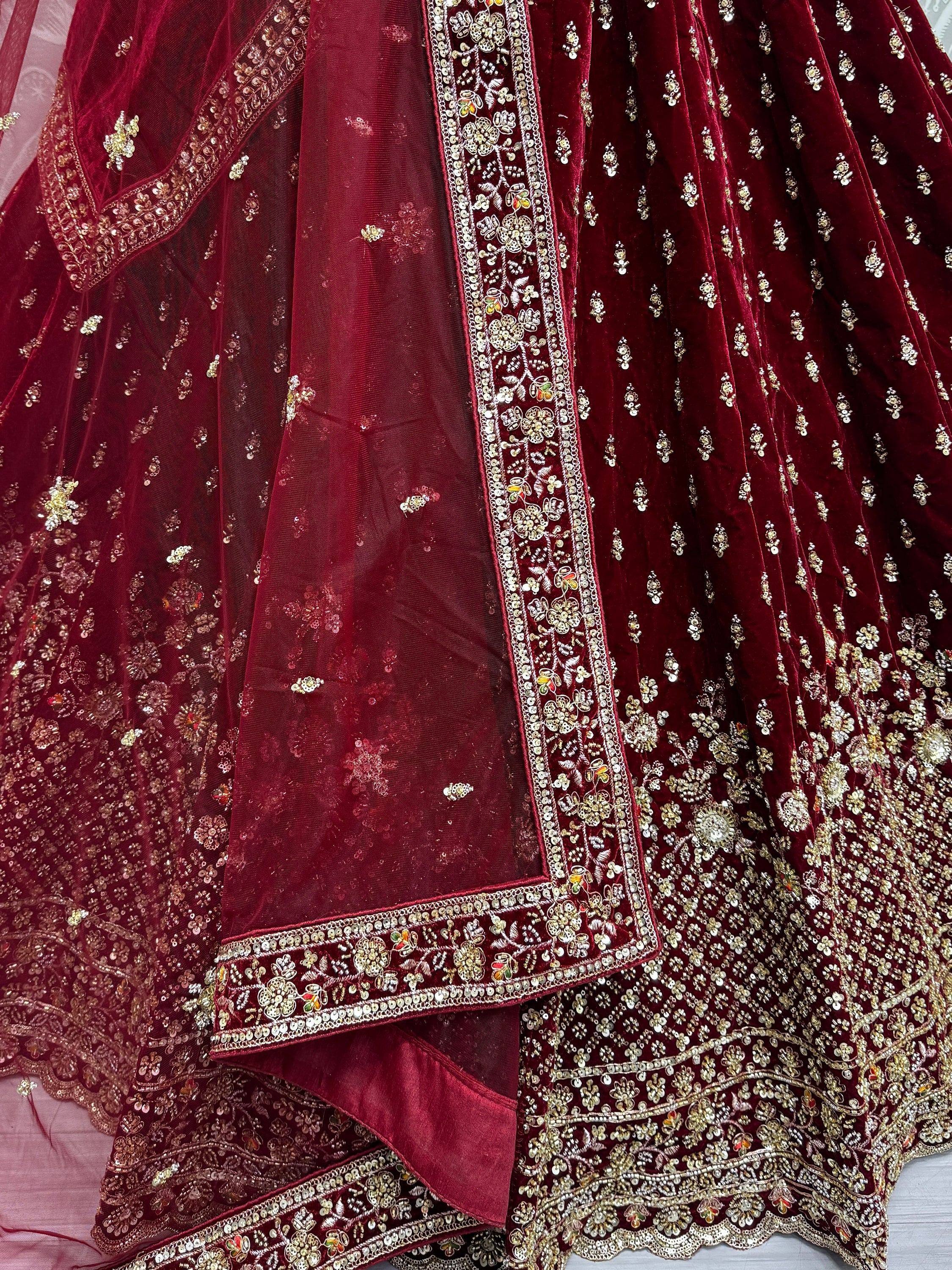 Maroon velvet lehenga choli with gold embroidery and sequin work, Indian ethnic wear