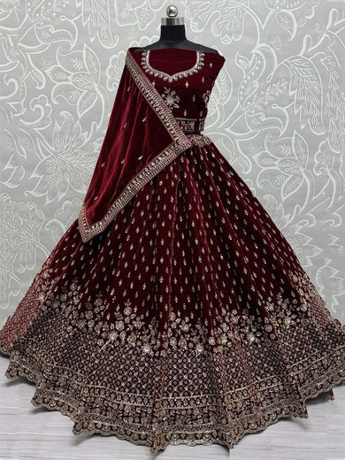 Glamorous Maroon Velvet Bridal Lehenga Choli With Double Dupatta - Ethnic Plus In