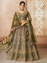 Glamorous Mehendi Green Thread Work Net Wedding Lehenga Choli - Ethnic Plus In